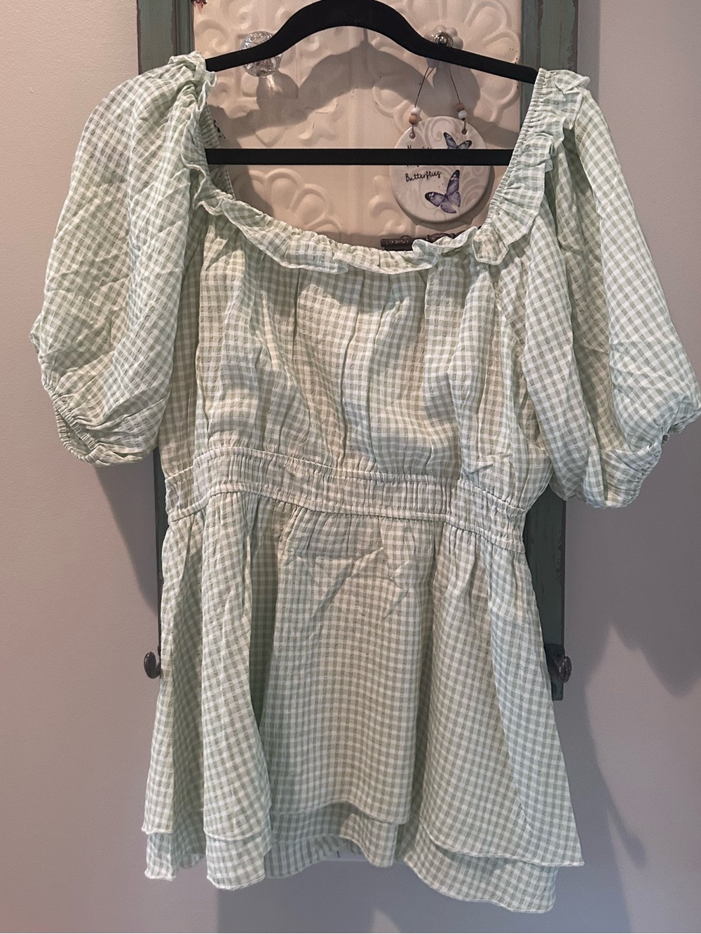 NWT Heyson Light Green Gingham Ruffle Neck Blouse - Picture 6 of 6
